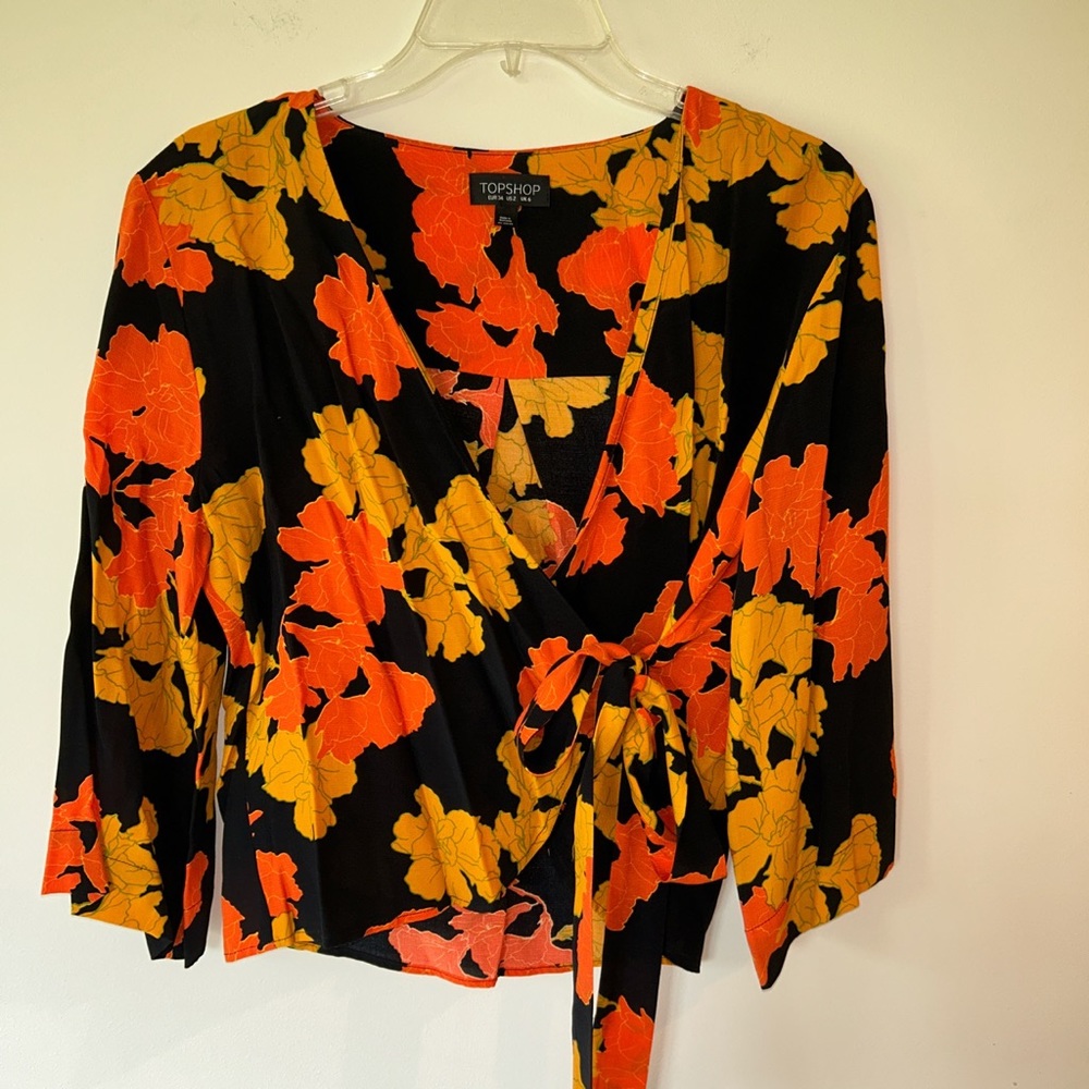 Topshop hi low skirt & wrap blouse set, autumn colors, size 2, EUC